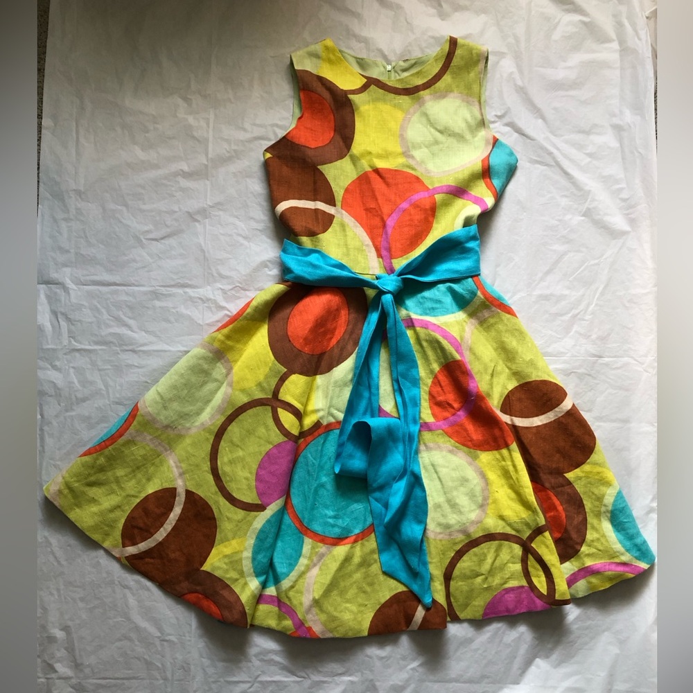 Susanne Lively Designs Girls Size 10 Linen Sleeveless Dress Yellow Green Circles